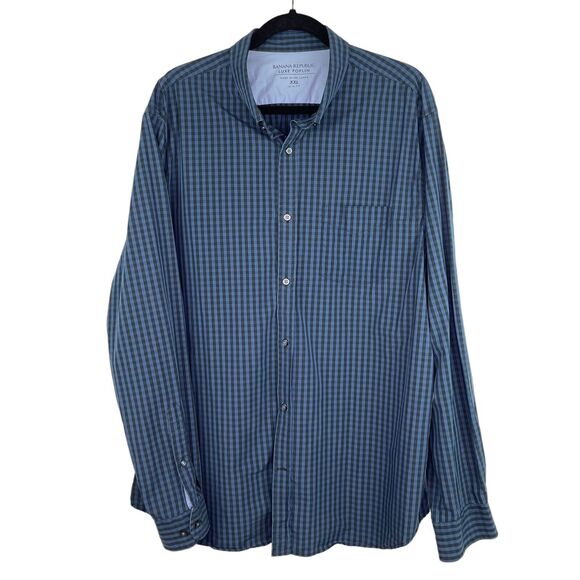 Banana Republic Blue Black Cotton Gingham Checkered Slim Fit Shirt Men's Sz XXL - Picture 1 of 9